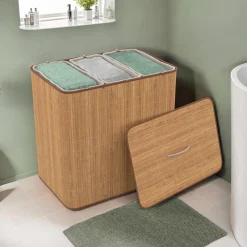 IDMarket Panier à linge 3 bacs amovibles bambou et tissu* Paniers À Linge|Accessoires Salle De Bain
