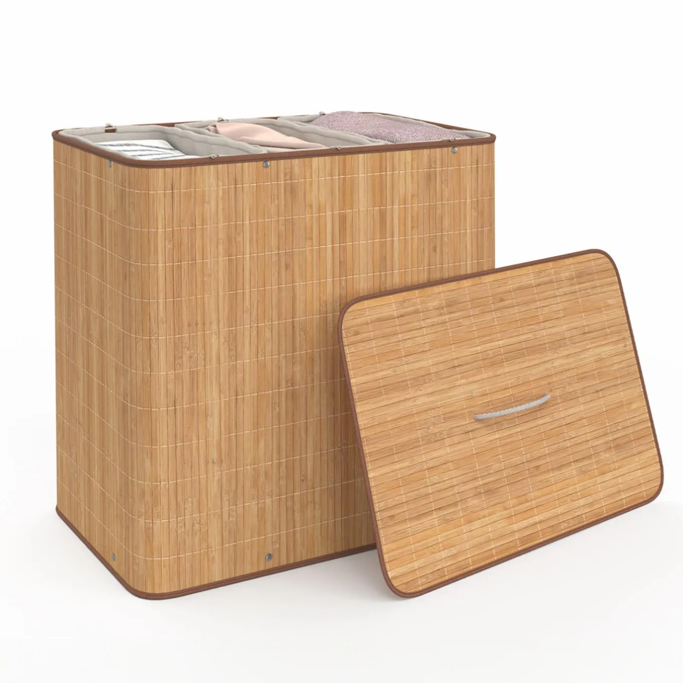 IDMarket Panier à linge 3 bacs amovibles bambou et tissu* Paniers À Linge|Accessoires Salle De Bain