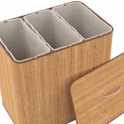 IDMarket Panier à linge 3 bacs amovibles bambou et tissu* Paniers À Linge|Accessoires Salle De Bain