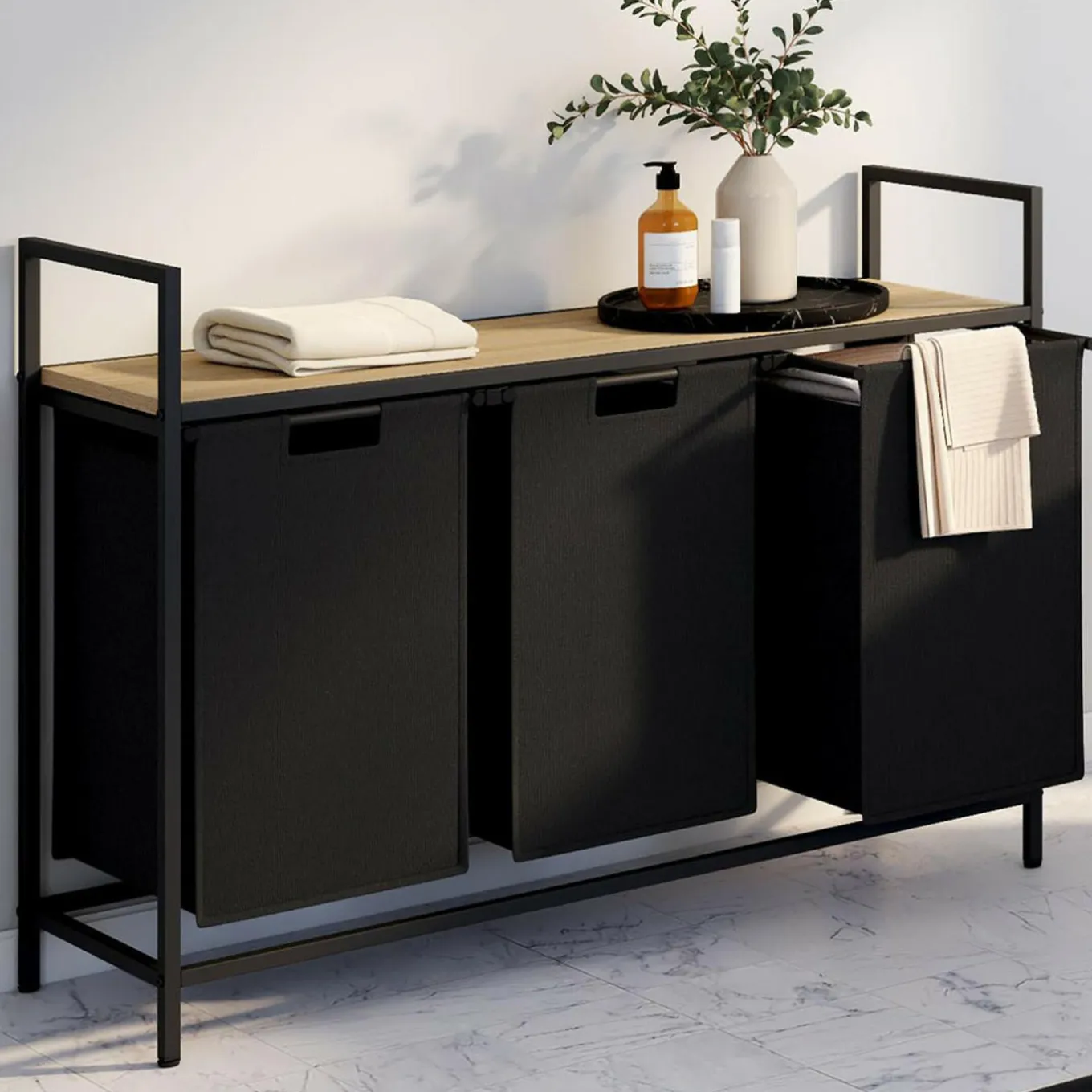 IDMarket Panier à linge 3 bacs DETROIT tissu noir design industriel* Paniers À Linge|Accessoires Salle De Bain