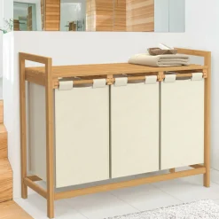 IDMarket Panier à linge bambou 3 bacs tissu écru* Paniers À Linge|Collection Bambou