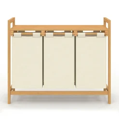IDMarket Panier à linge bambou 3 bacs tissu écru* Paniers À Linge|Collection Bambou