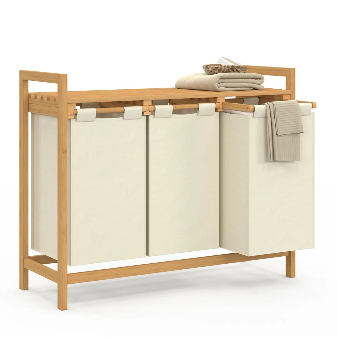 IDMarket Panier à linge bambou 3 bacs tissu écru* Paniers À Linge|Collection Bambou