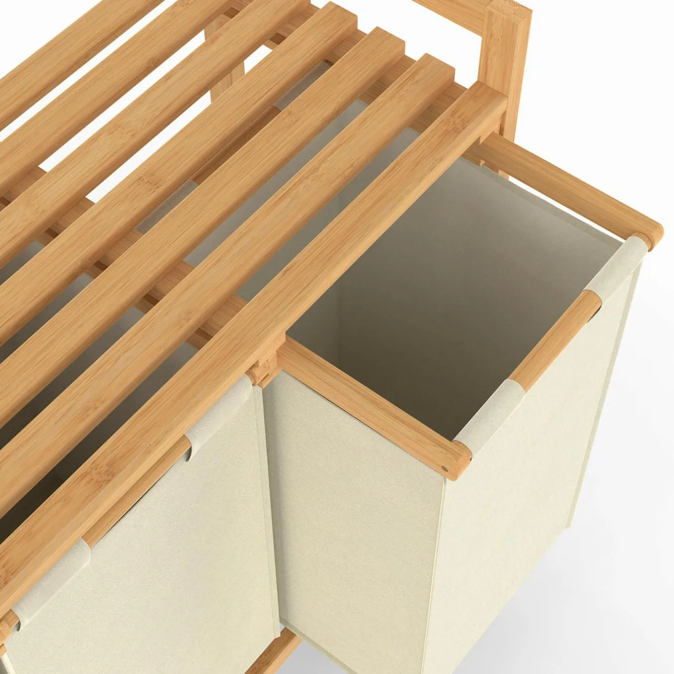 IDMarket Panier à linge bambou 3 bacs tissu écru* Paniers À Linge|Collection Bambou