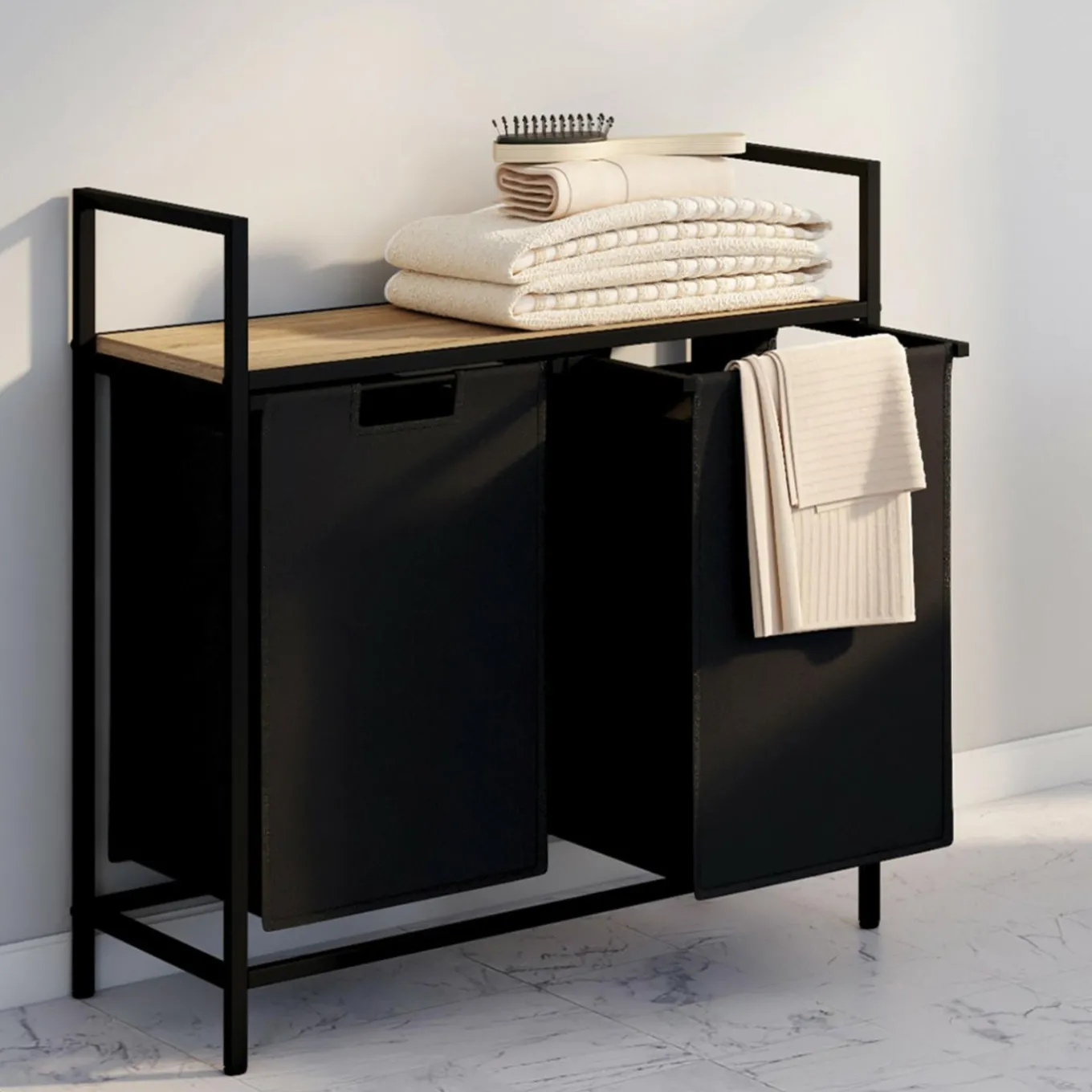 IDMarket Panier à linge en tissu noir avec 2 bacs* Paniers À Linge|Collection Industrielle