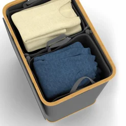 IDMarket Panier à linge 140L 2 bacs amovibles bambou gris* Paniers À Linge|Collection Bambou