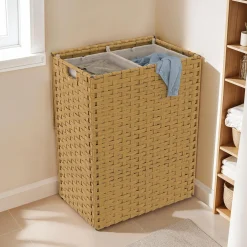 IDMarket Panier à linge 140L 2 bacs amovibles effet rotin et tissu* Paniers À Linge|Accessoires Salle De Bain
