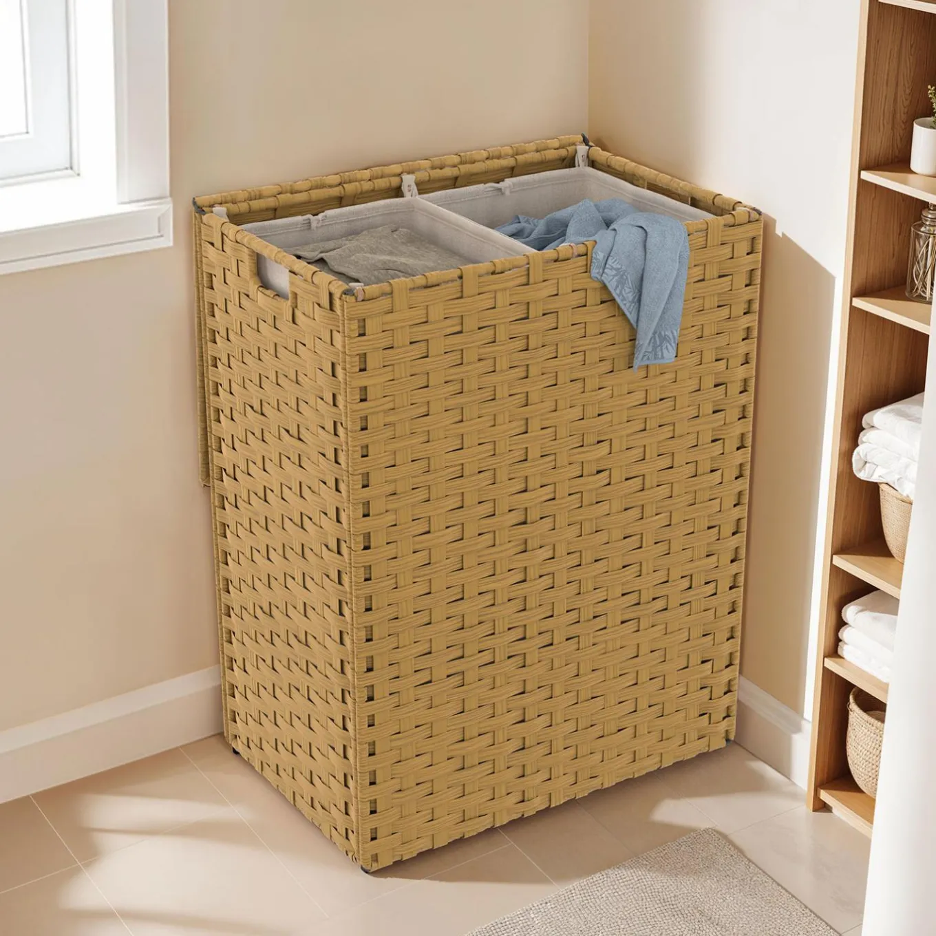 IDMarket Panier à linge 140L 2 bacs amovibles effet rotin et tissu* Paniers À Linge|Accessoires Salle De Bain