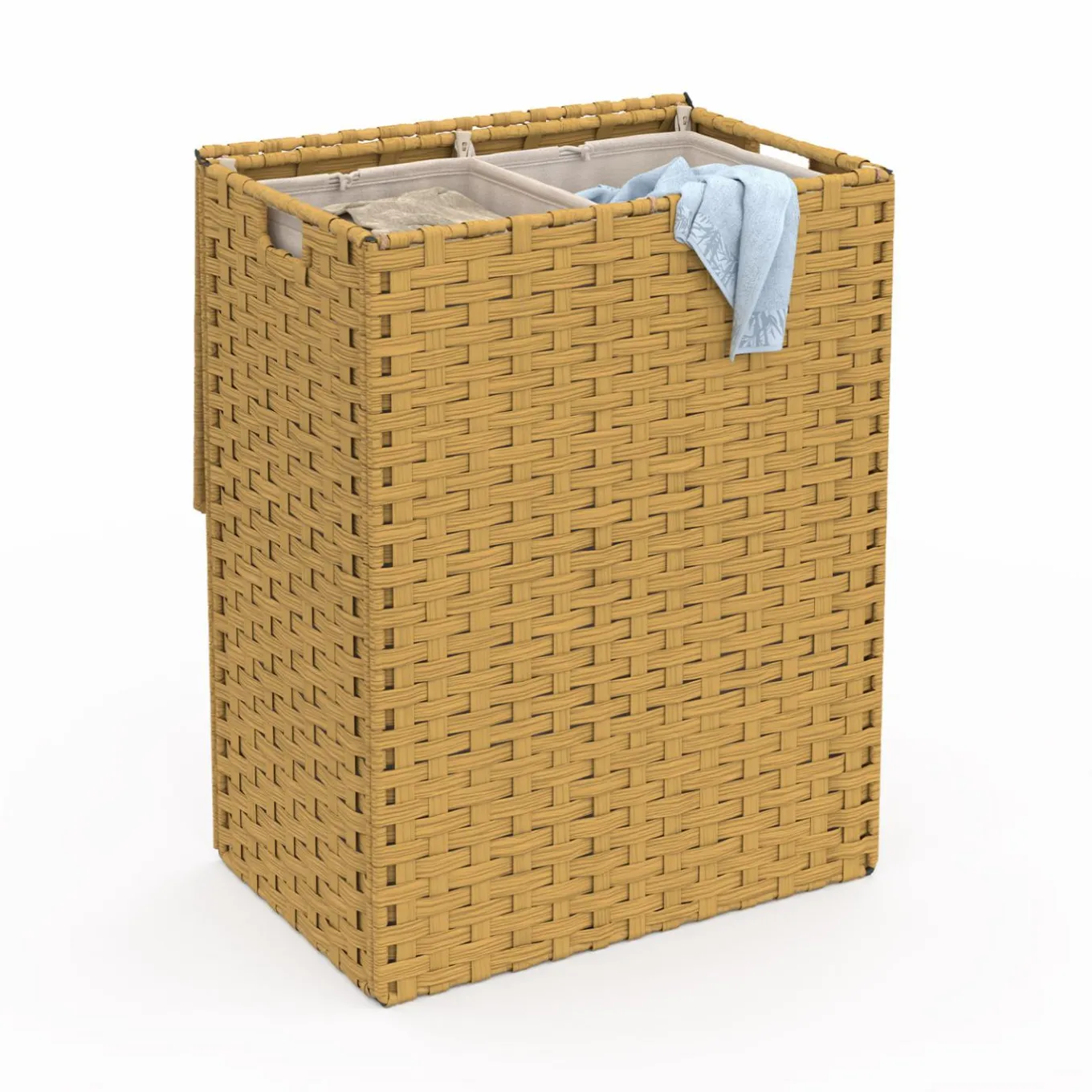 IDMarket Panier à linge 140L 2 bacs amovibles effet rotin et tissu* Paniers À Linge|Accessoires Salle De Bain
