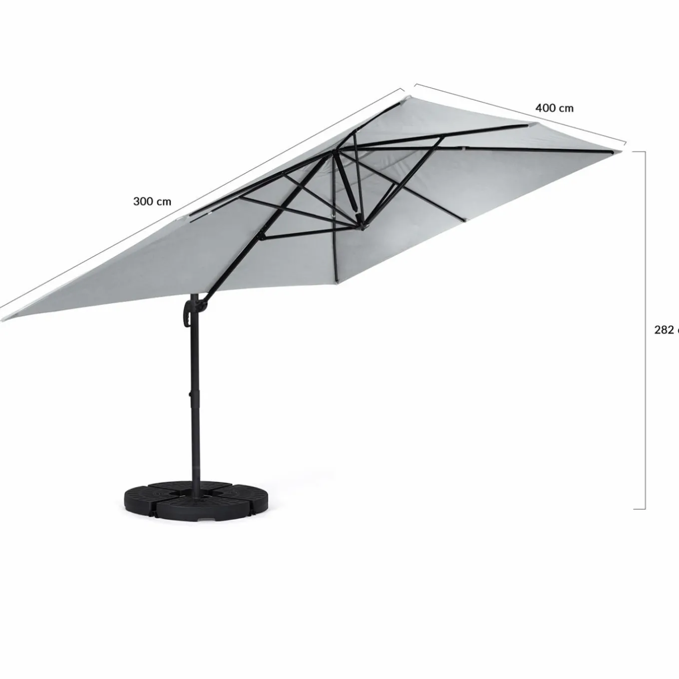 IDMarket Parasol déporté 3x4 m rotatif 360 gris clair avec 4 dalles* Parasols
