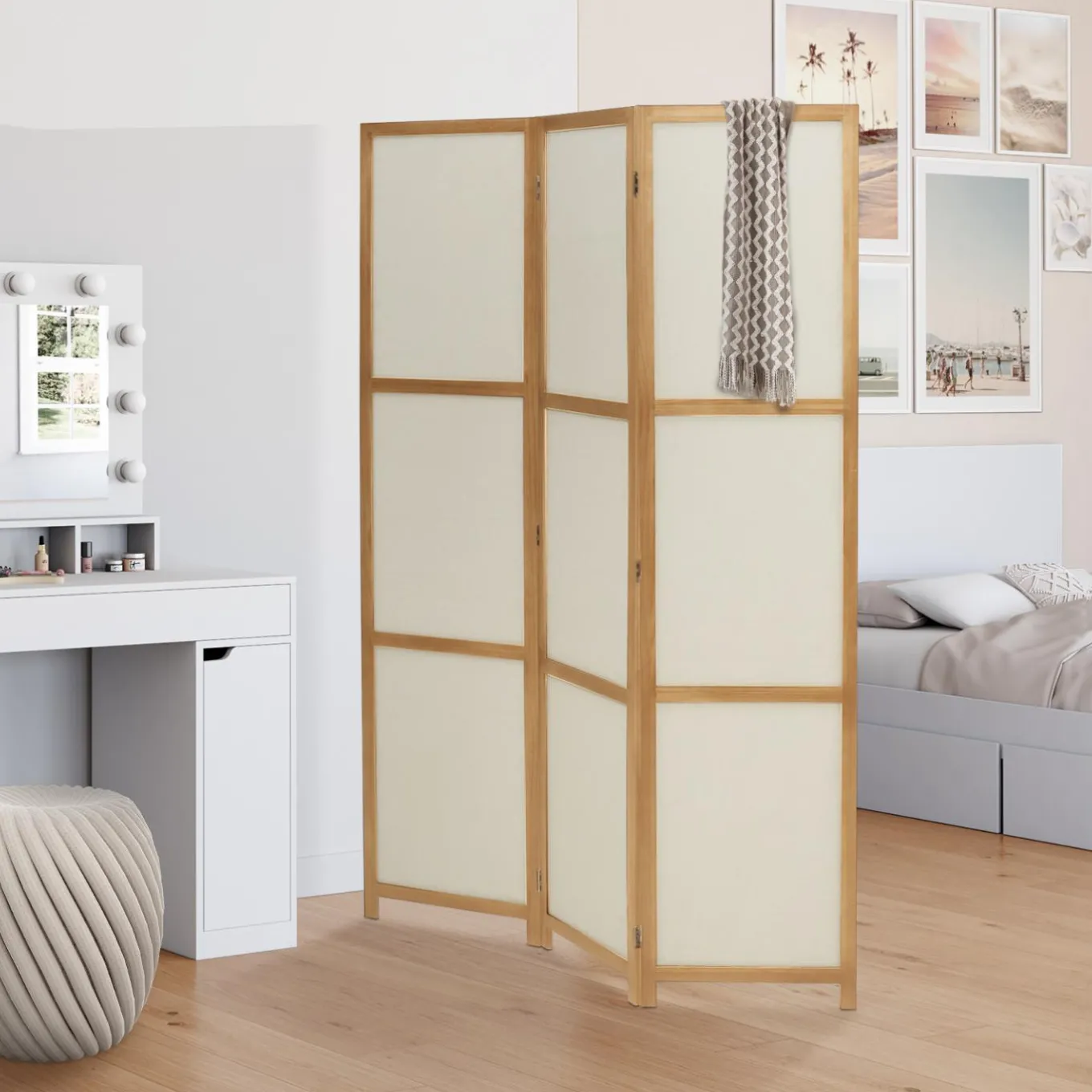 IDMarket Paravent rétractable intérieur décoratif en bois et tissu beige* Décoration Et Accessoires