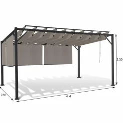 IDMarket Pergola acier lames orientables 3x4m avec 4 stores taupe* Tonnelles De Jardin|Pergolas