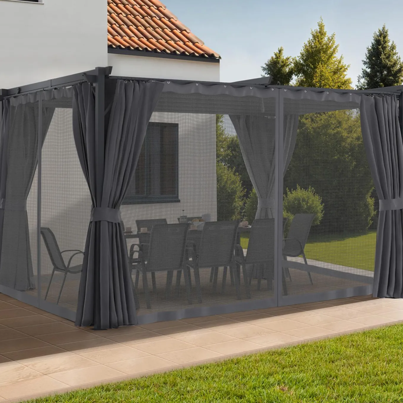 IDMarket Pergola avec moustiquaire intégrée, toit rétractable et 4 rideaux gris 3x4 m* Pergolas