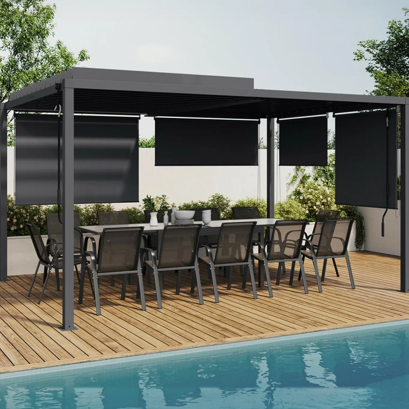 IDMarket Pergola bioclimatique 3x4M lames orientables et stores gris anthracite* Pergolas