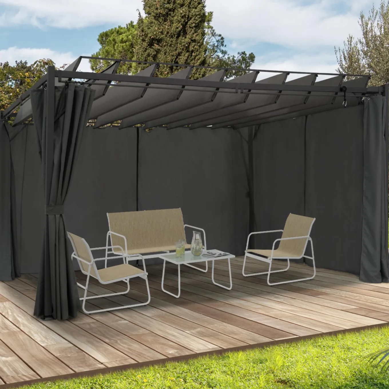 IDMarket Pergola lames orientables avec 4 rideaux gris 3x4 M* Tonnelles De Jardin|Pergolas