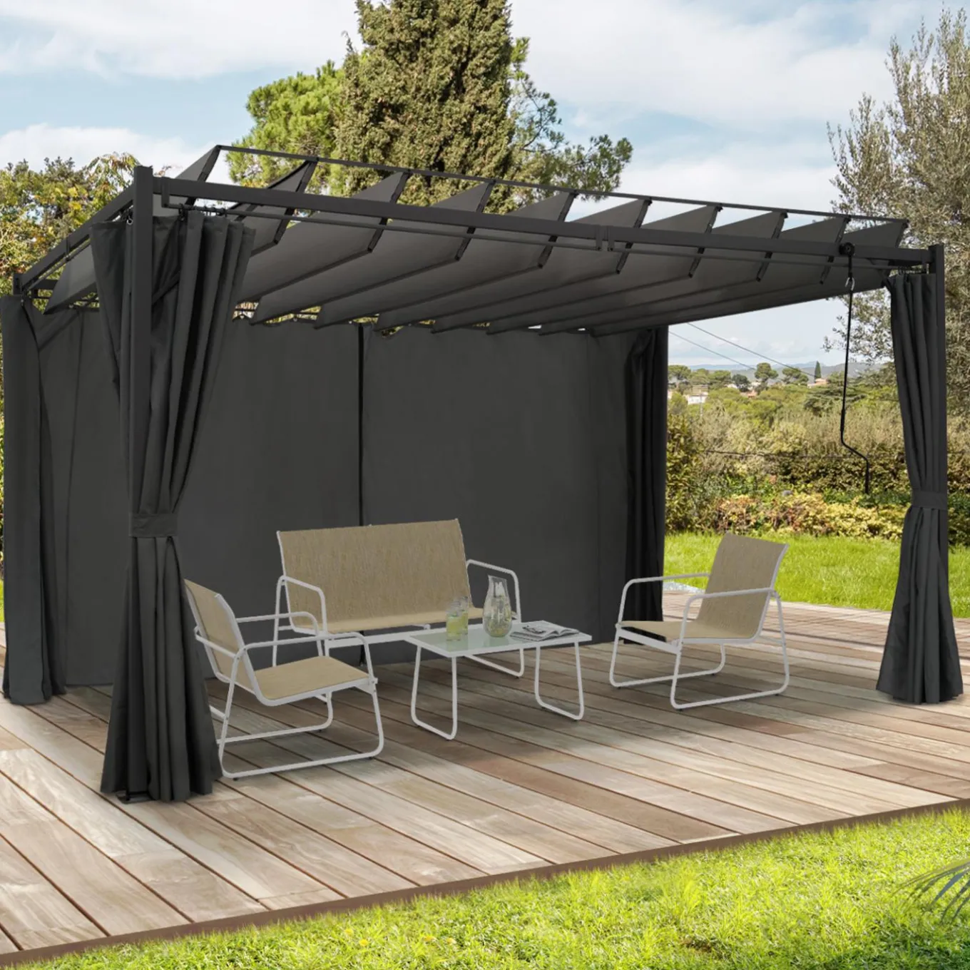 IDMarket Pergola lames orientables avec 4 rideaux gris 3x4 M* Tonnelles De Jardin|Pergolas