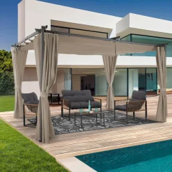 IDMarket Pergola toit rétractable avec rideaux coloris taupe* Tonnelles De Jardin|Pergolas