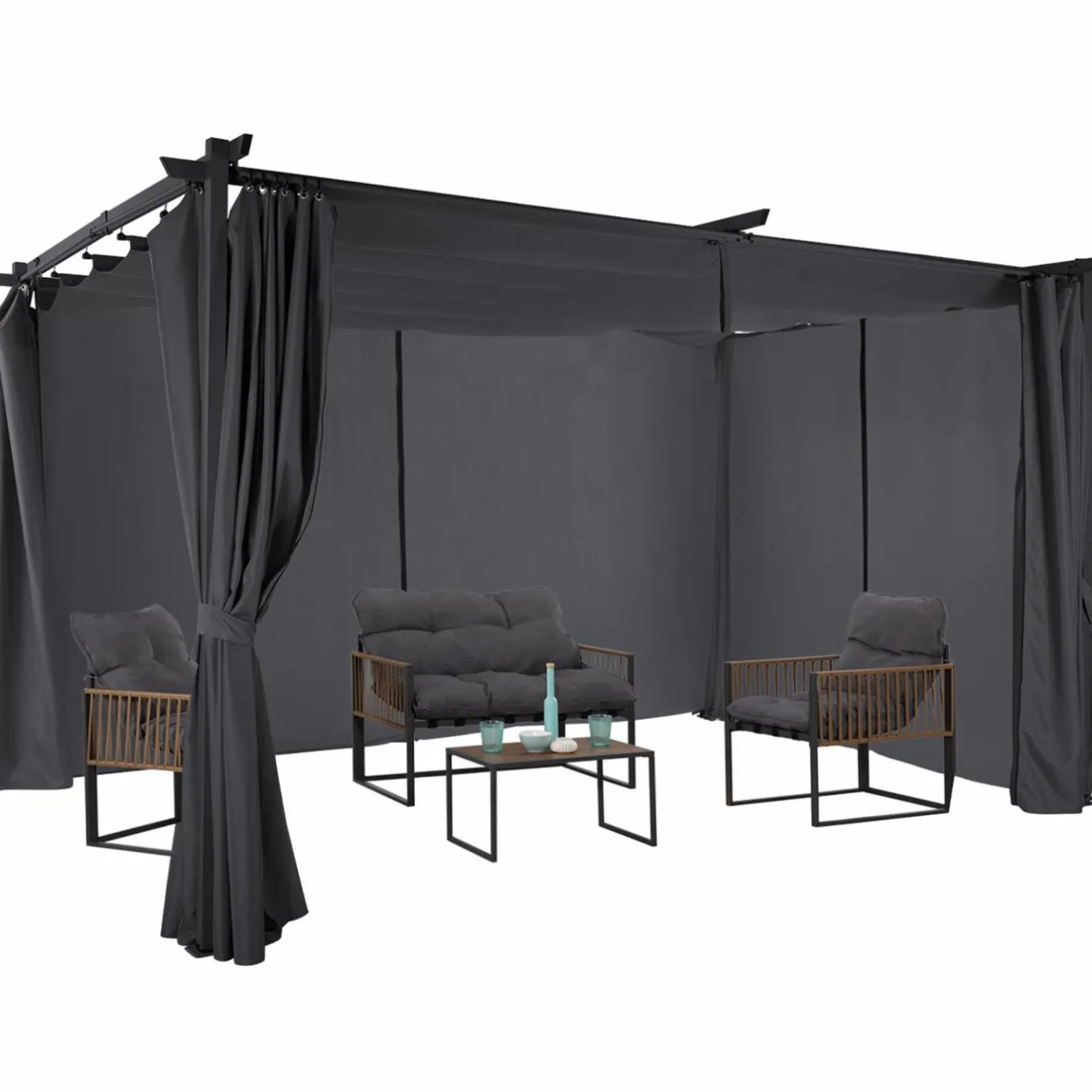 IDMarket Pergola toit rétractable 3x4m gris avec 4 rideaux* Tonnelles De Jardin|Pergolas