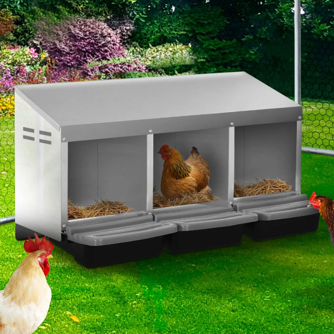IDMarket Pondoir pour poules 3 emplacements en métal nichoir avec fond* Accessoires Animaux|Accessoires Poulailler