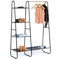 IDMarket Portant vêtements en métal noir et façon bois* Meubles Noirs|Collection Agencement Magasin