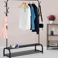 IDMarket Portant vêtements en métal noir avec étagères à chaussures* Meubles Hauts|Meubles Noirs