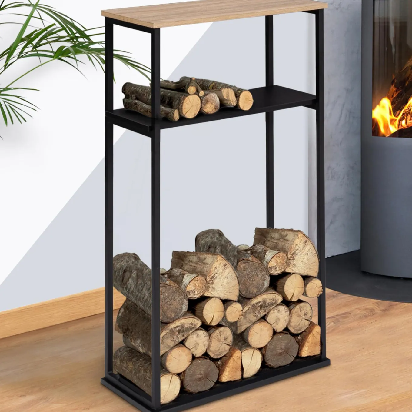 IDMarket Porte-bûches intérieur vertical 33x66x112 cm en métal noir avec étagère* Accessoires Cheminée|Stockage Du Bois