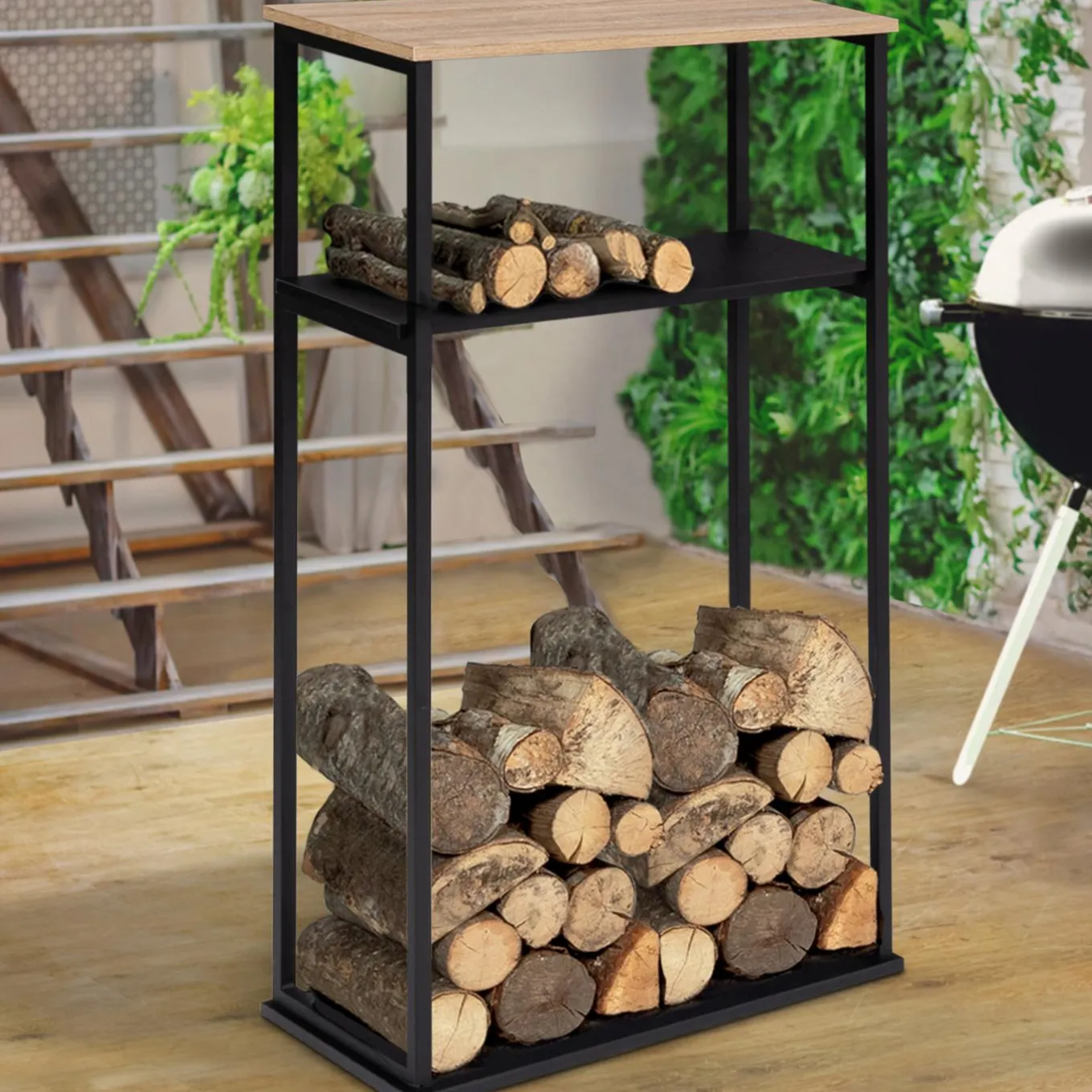 IDMarket Porte-bûches intérieur vertical 33x66x112 cm en métal noir avec étagère* Accessoires Cheminée|Stockage Du Bois