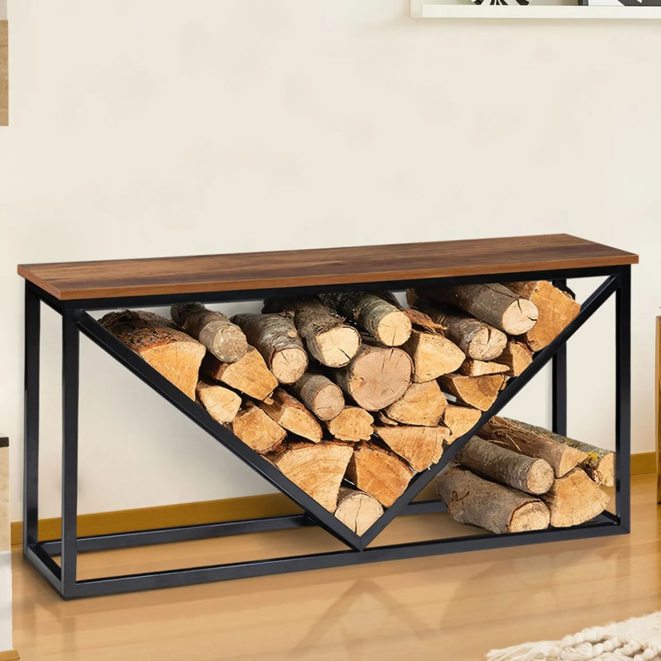 IDMarket Portes bûches intérieur plateau en bois vieilli et métal noir* Accessoires Cheminée|Collection Industrielle