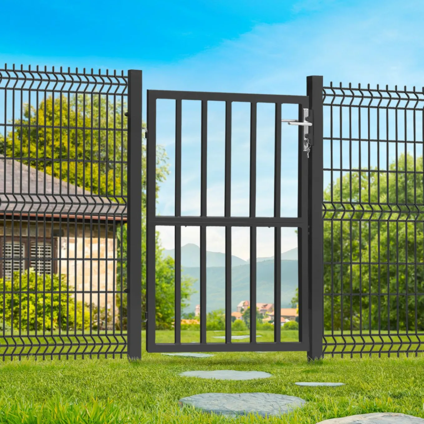 IDMarket Portillon de jardin barreaudé en acier gris anthracite 105 x 125 CM avec serrure et poignée* Portail Et Portillon