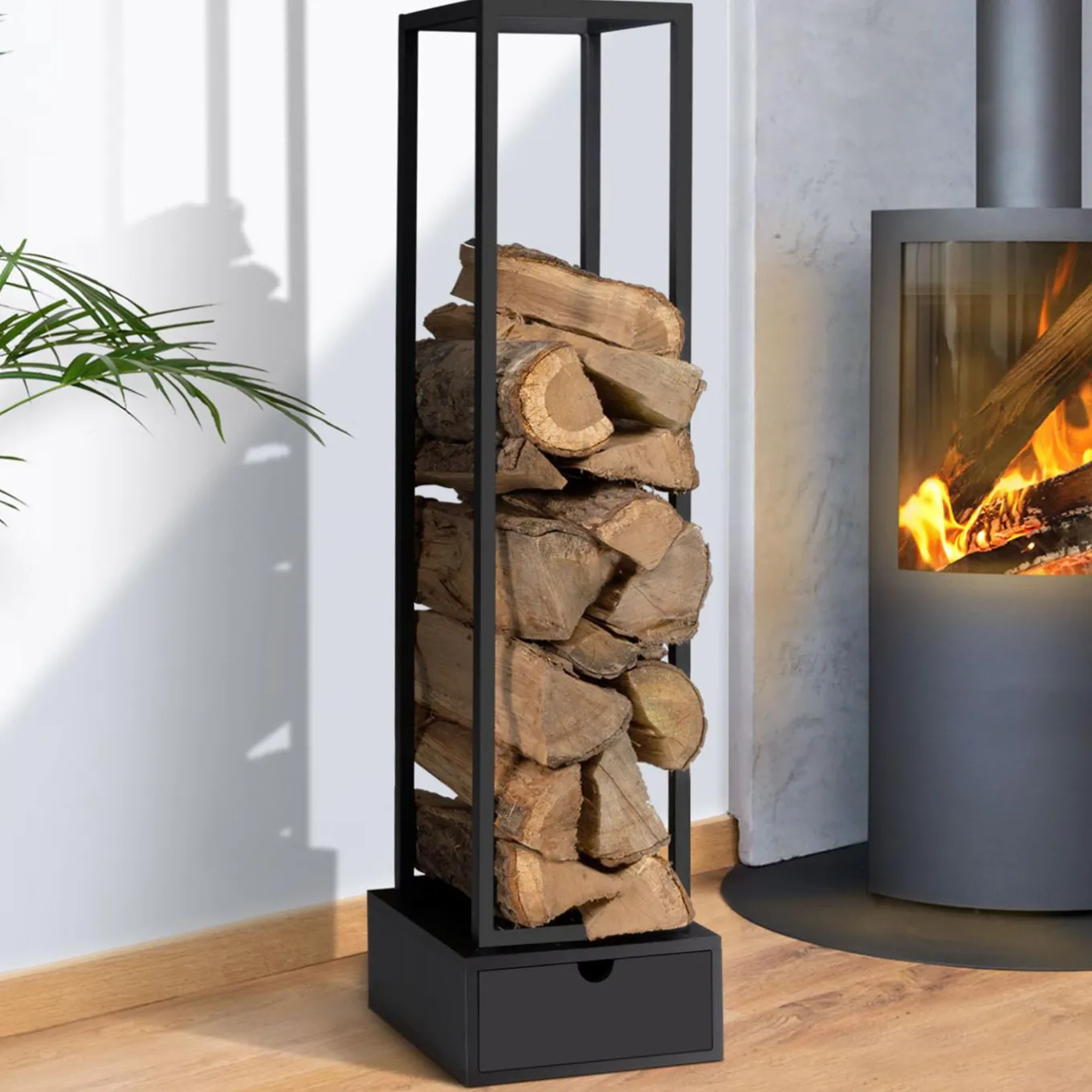 IDMarket Range bûche intérieur vertical en acier noir avec tiroir* Accessoires Cheminée