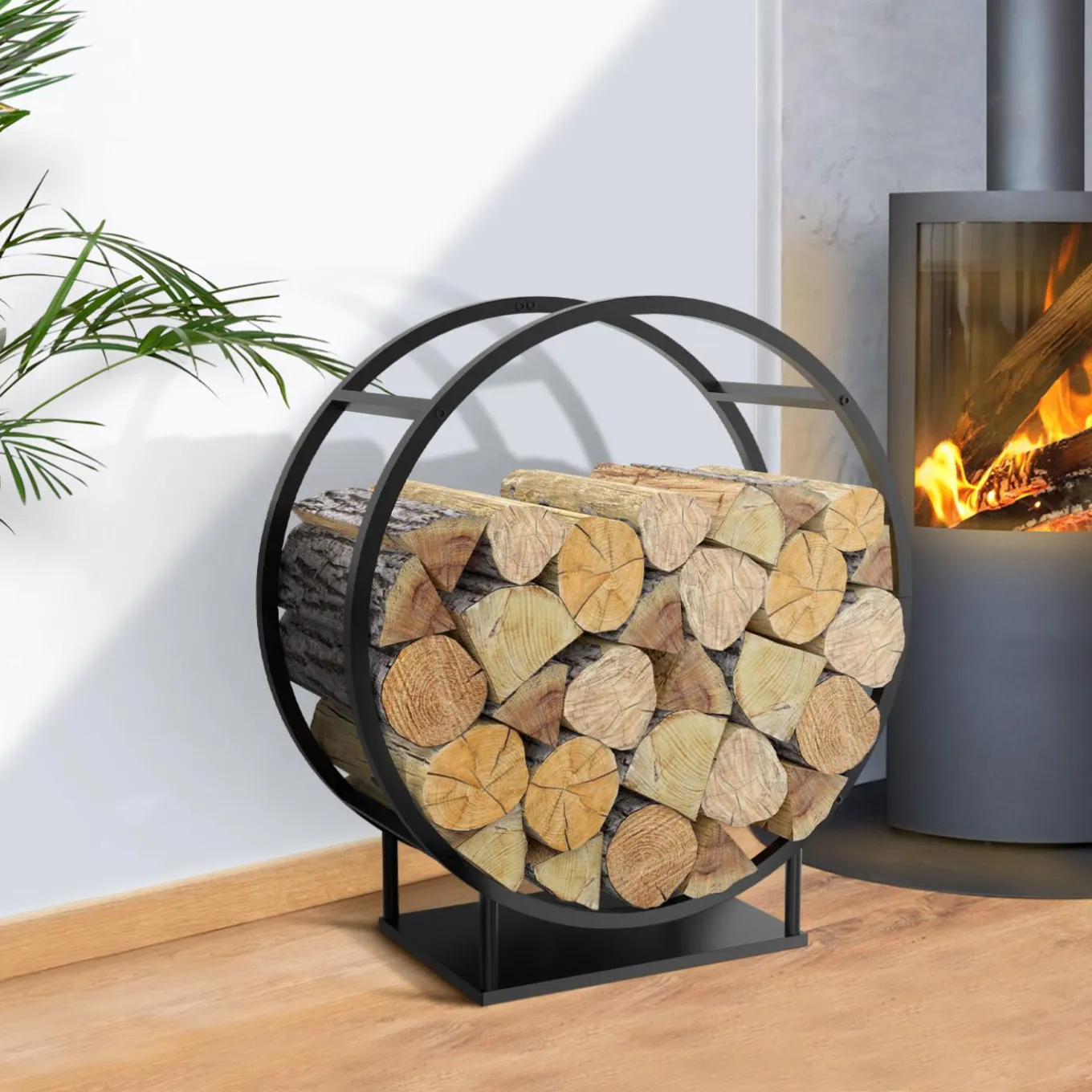 IDMarket Range bûches rond avec étagère en acier noir* Accessoires Cheminée