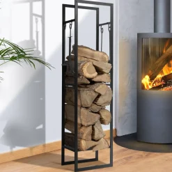 IDMarket Range bûches vertical en acier noir et accessoires* Accessoires Cheminée