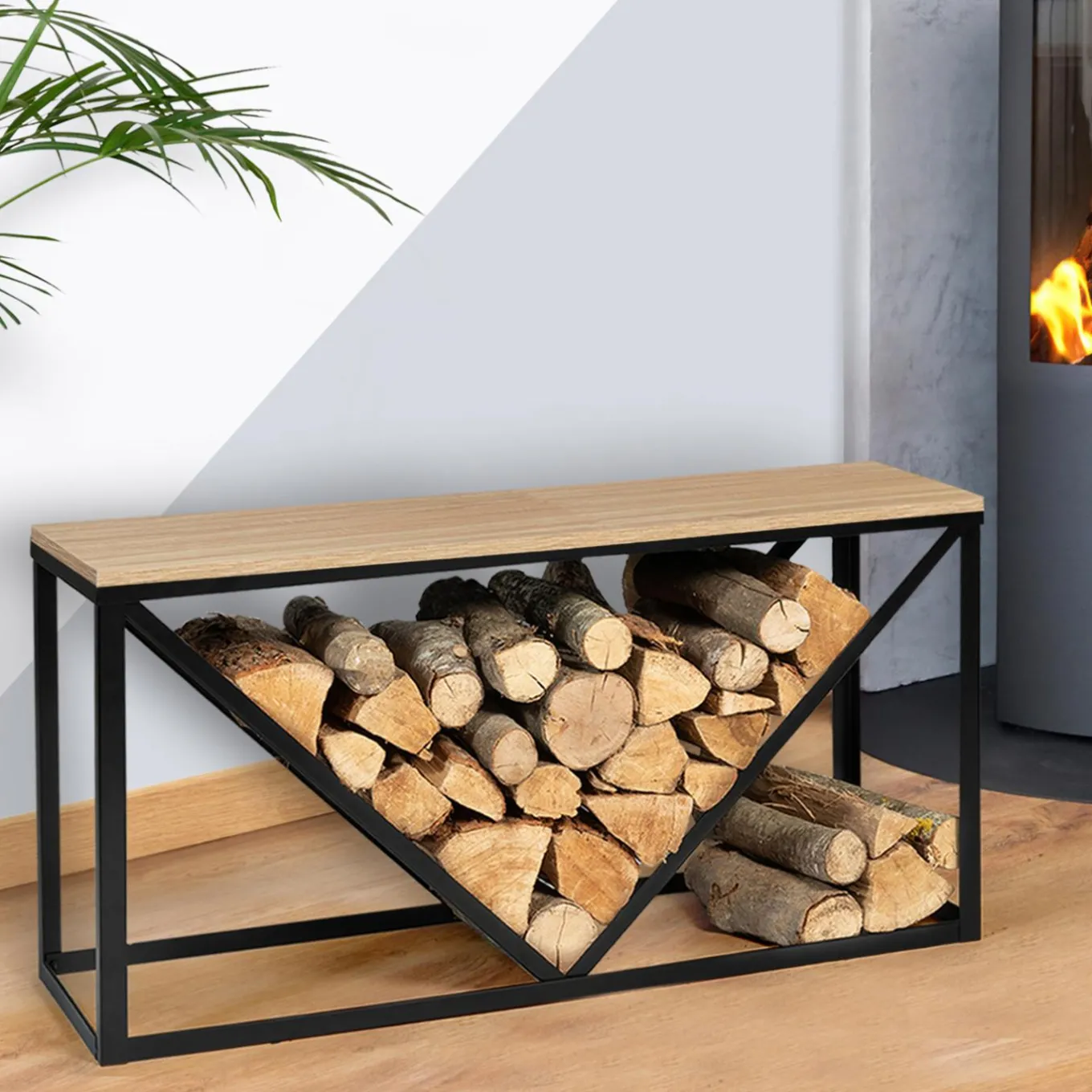 IDMarket Range-bûches intérieur horizontal en métal noir et étagère bois* Accessoires Cheminée|Stockage Du Bois