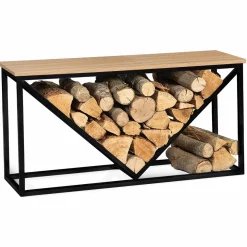 IDMarket Range-bûches intérieur horizontal en métal noir et étagère bois* Accessoires Cheminée|Stockage Du Bois