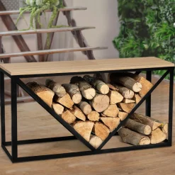 IDMarket Range-bûches intérieur horizontal en métal noir et étagère bois* Accessoires Cheminée|Stockage Du Bois