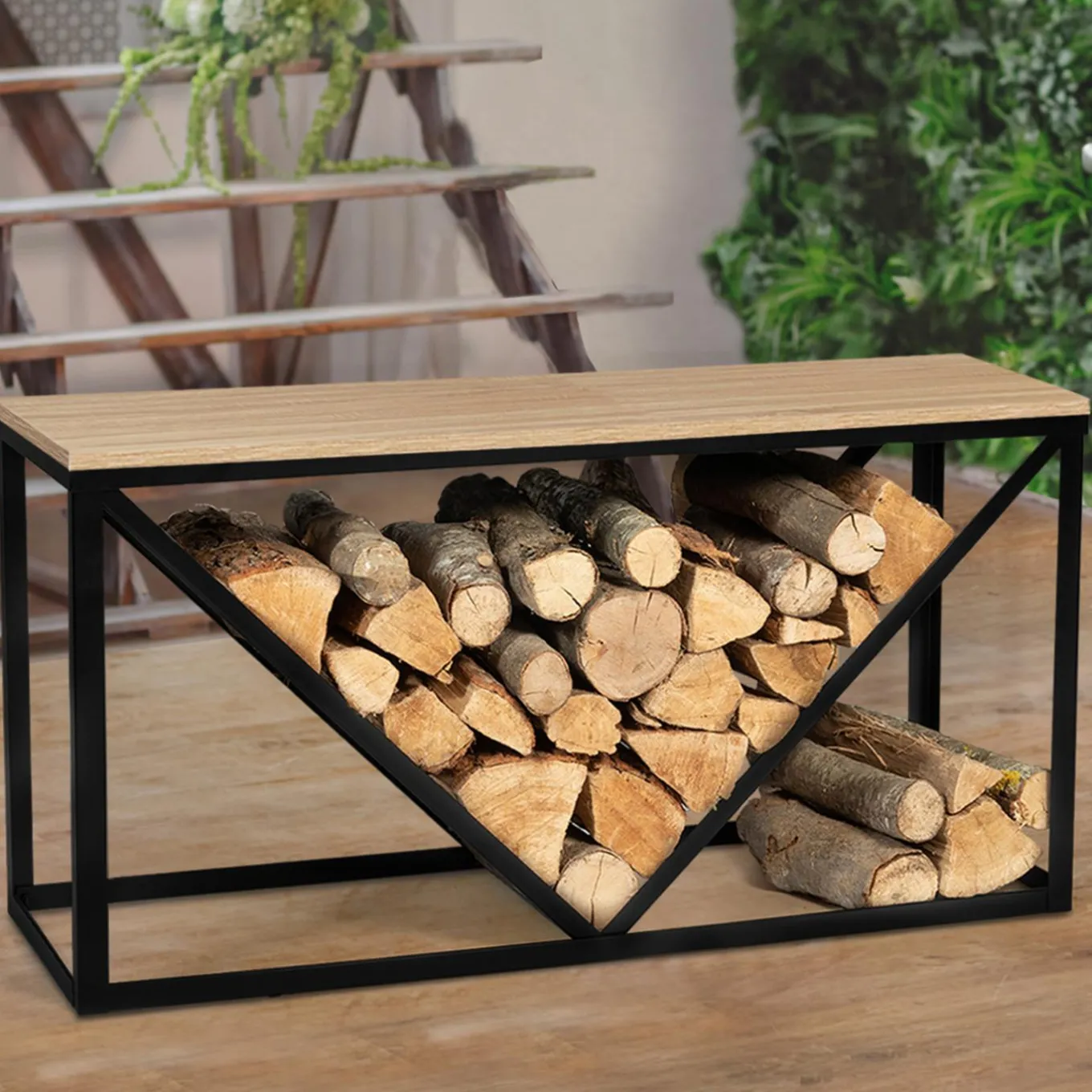 IDMarket Range-bûches intérieur horizontal en métal noir et étagère bois* Accessoires Cheminée|Stockage Du Bois