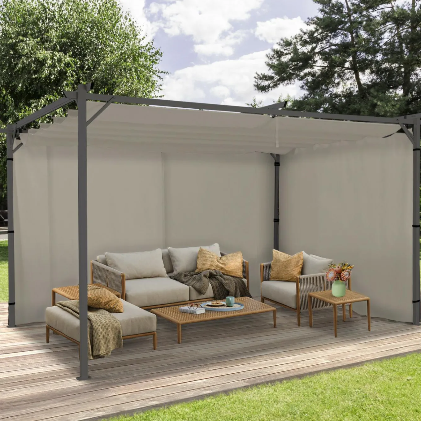 IDMarket Rideaux de 3 et 4 M avec fermeture éclair pour pergola taupe : lot de 2* Accessoires Pergolas Et Tonnelles|Pergolas