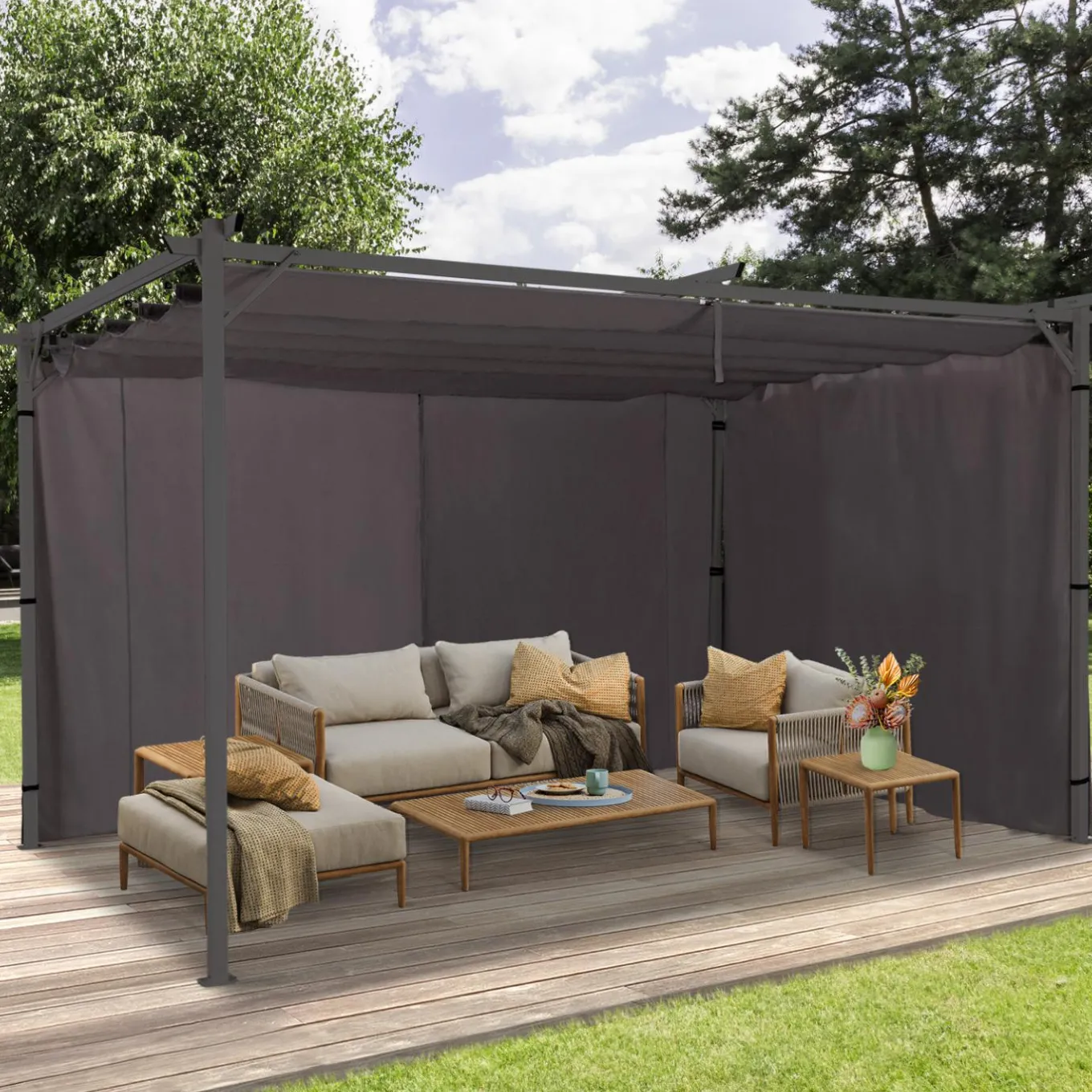 IDMarket Rideaux extérieurs pour pergola 3x4m gris* Accessoires Pergolas Et Tonnelles|Pergolas