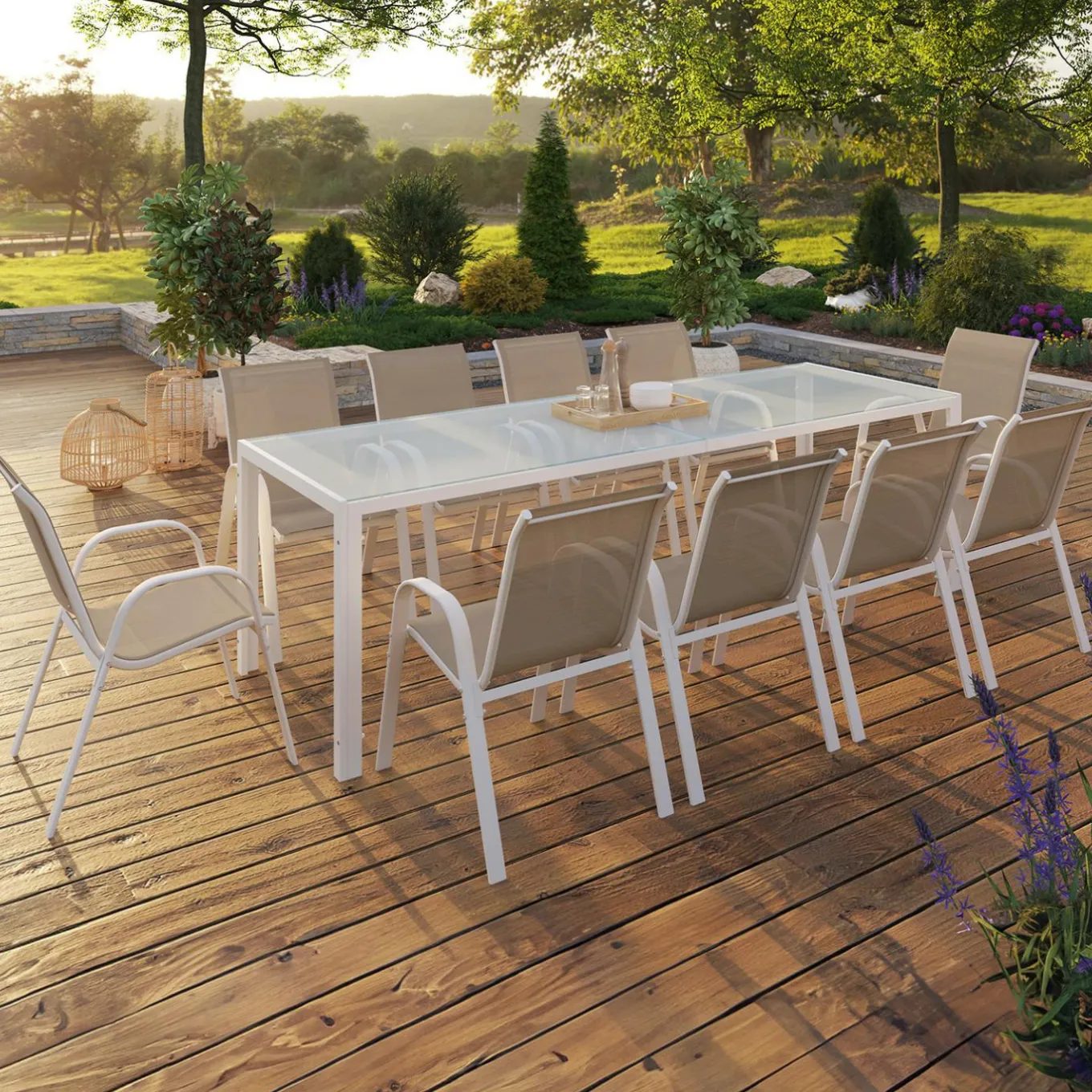 IDMarket Salon de jardin 10 personnes blanc et beige 240 cm* Salons De Jardin