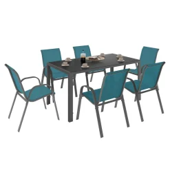 IDMarket Salon de jardin 6 personnes chaises empilables bleu canard table 150 cm* Salons De Jardin