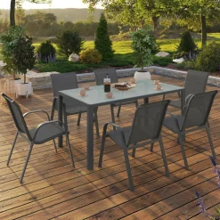 IDMarket Salon de jardin 6 personnes chaises empilables gris anthracite table 150 cm* Salons De Jardin