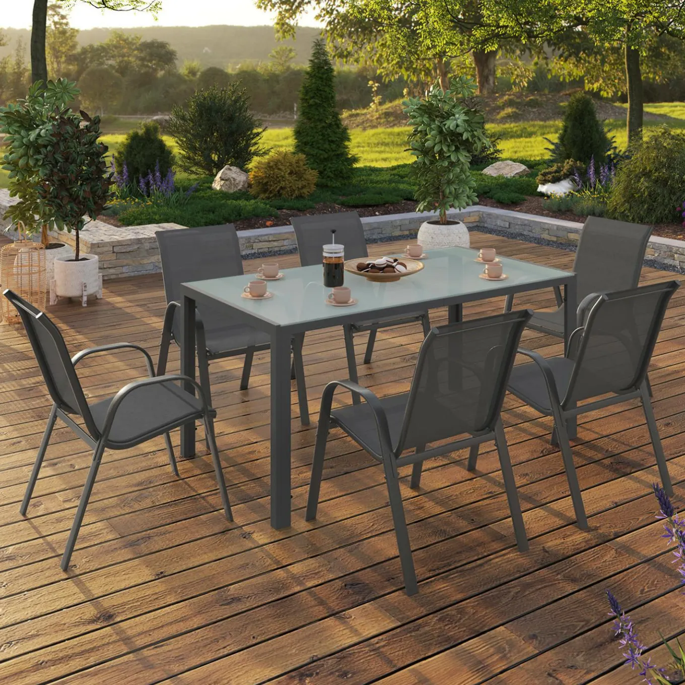 IDMarket Salon de jardin 6 personnes chaises empilables gris anthracite table 150 cm* Salons De Jardin