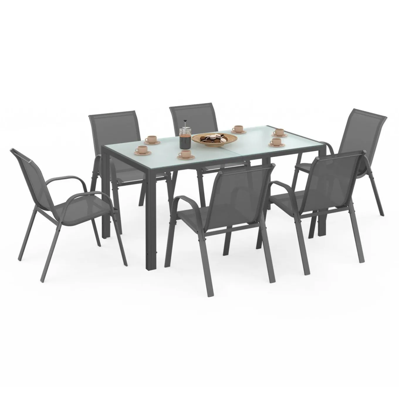 IDMarket Salon de jardin 6 personnes chaises empilables gris anthracite table 150 cm* Salons De Jardin