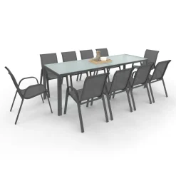 IDMarket Salon de jardin 10 personnes table 240 cm plateau clair et chaises empilables gris anthracite* Salons De Jardin