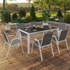 IDMarket Salon de jardin 6 places avec table en verre trempé et chaises empilables* Salons De Jardin
