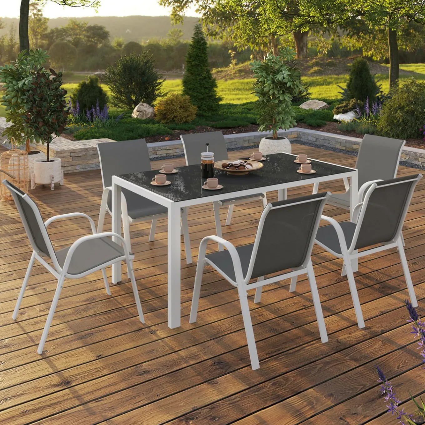 IDMarket Salon de jardin 6 places avec table en verre trempé et chaises empilables* Salons De Jardin