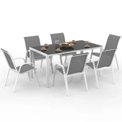 IDMarket Salon de jardin 6 places avec table en verre trempé et chaises empilables* Salons De Jardin