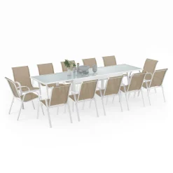 IDMarket Salon de jardin avec table extensible 135-270 cm et 12 chaises empilables blanc et beige* Salons De Jardin