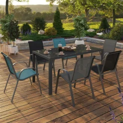 IDMarket Salon de jardin avec table 150 cm et 6 chaises empilables mix color et acier* Salons De Jardin
