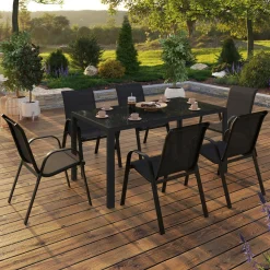 IDMarket Salon de jardin avec table 150 cm et 6 chaises empilables noir et acier* Salons De Jardin
